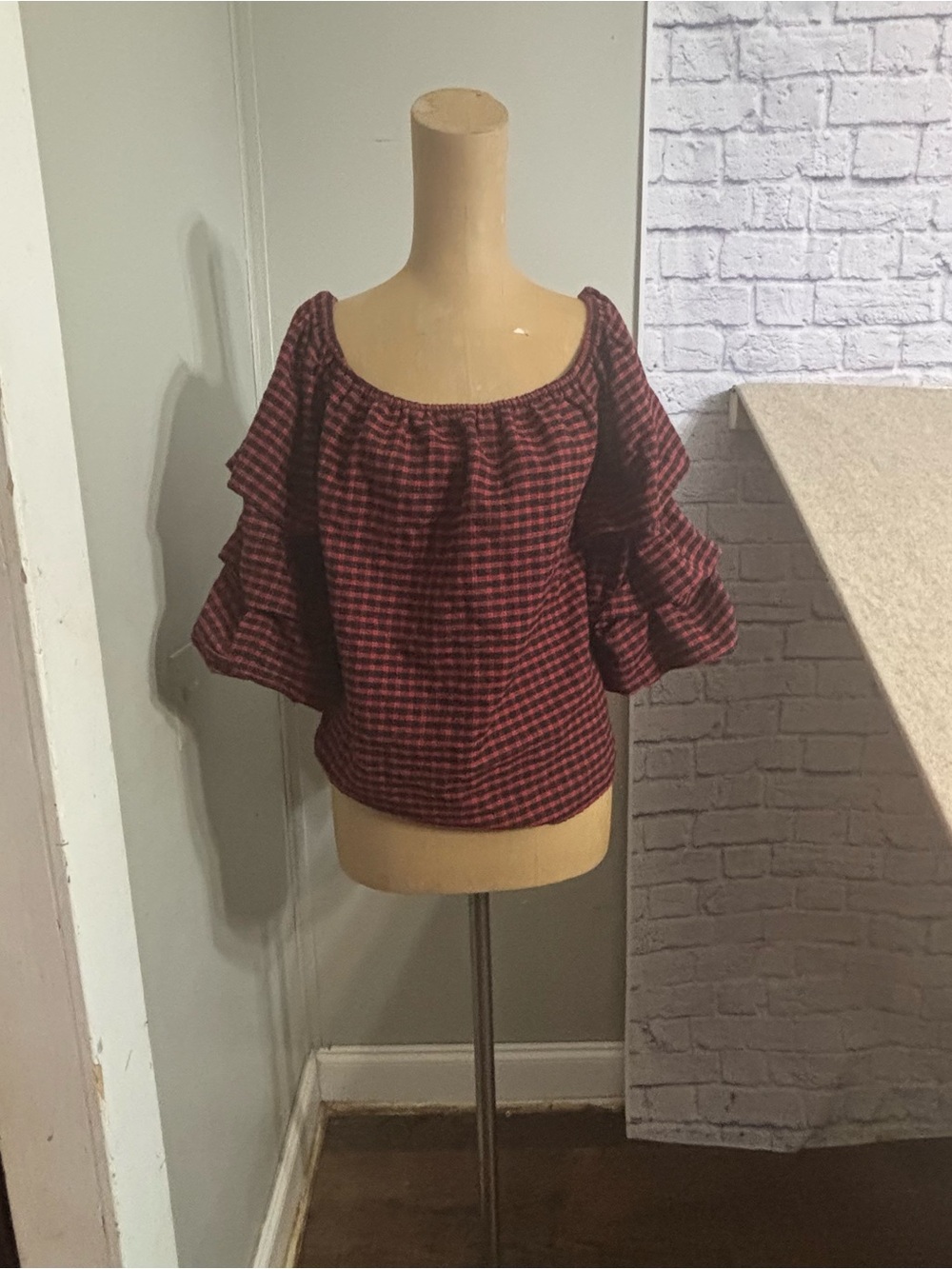 Sweet Claire Burgundy Plaid Ruffle-Sleeve Blouse